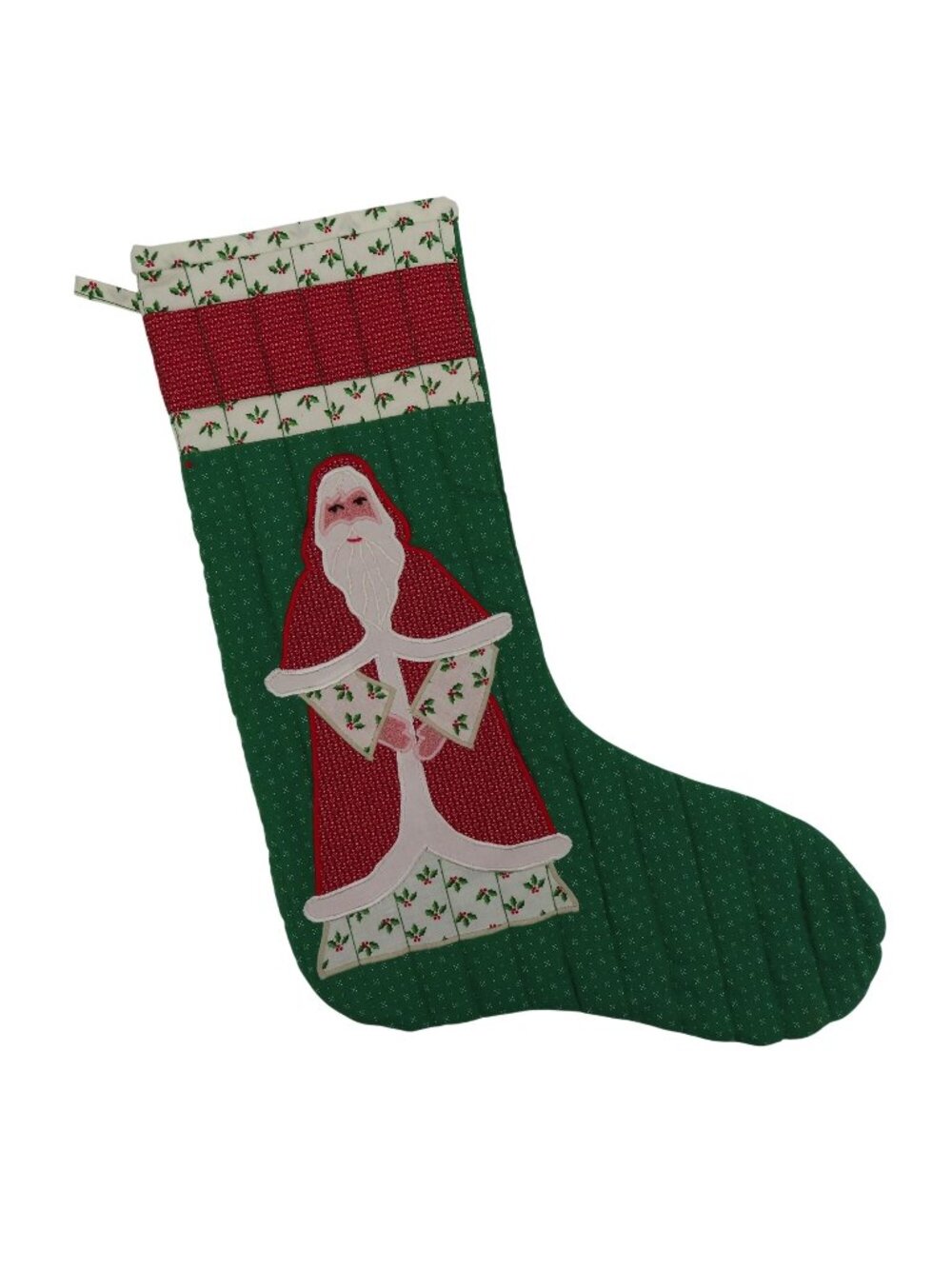 Vintage Handmade Santa Claus Papa Noel Quilted Christmas Stocking Red Green Xmas